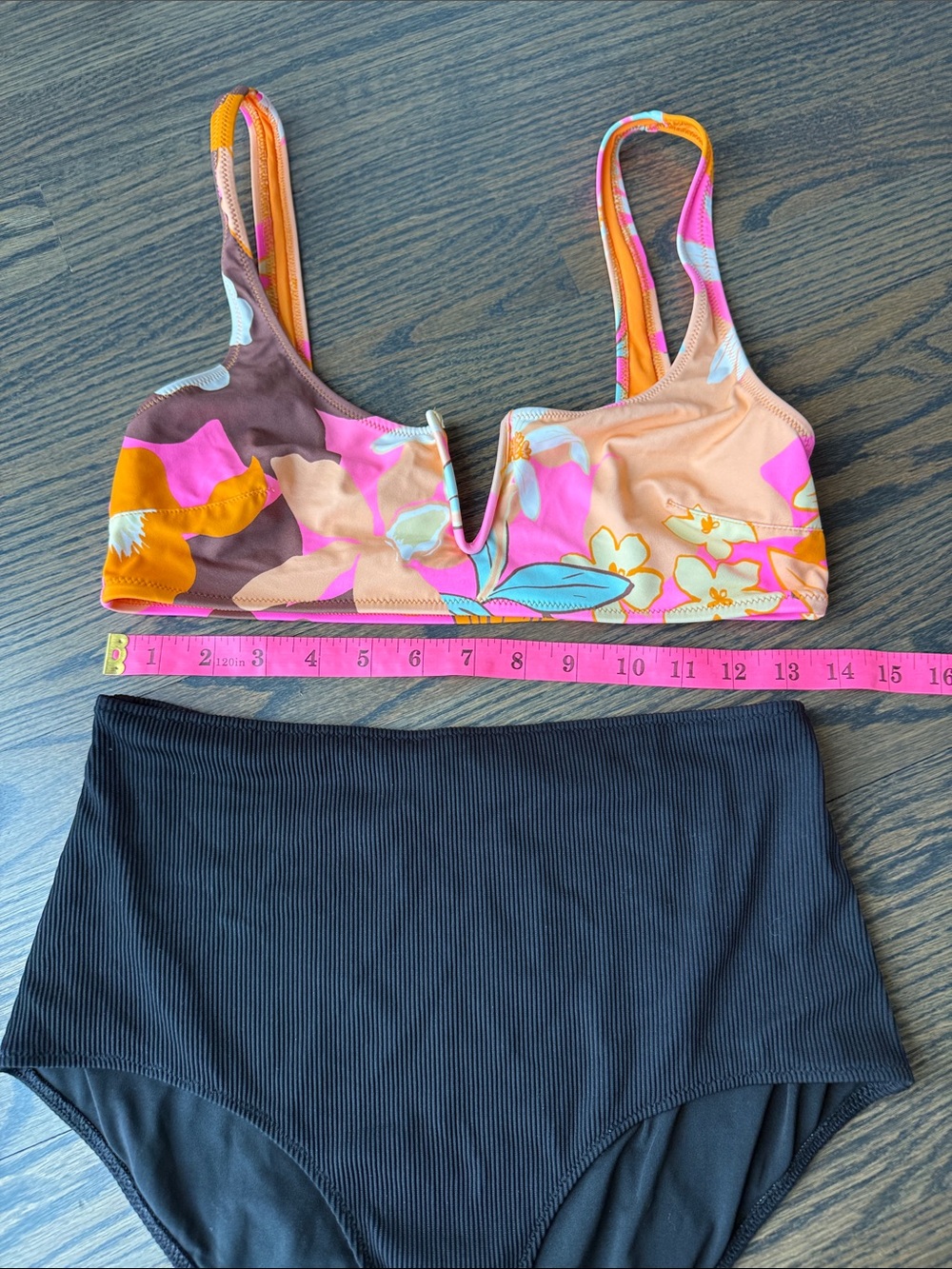 aerie Floral Orange Pink V-Neck Bikini Top with Black High-Waist Bottom size Med - Picture 7 of 10